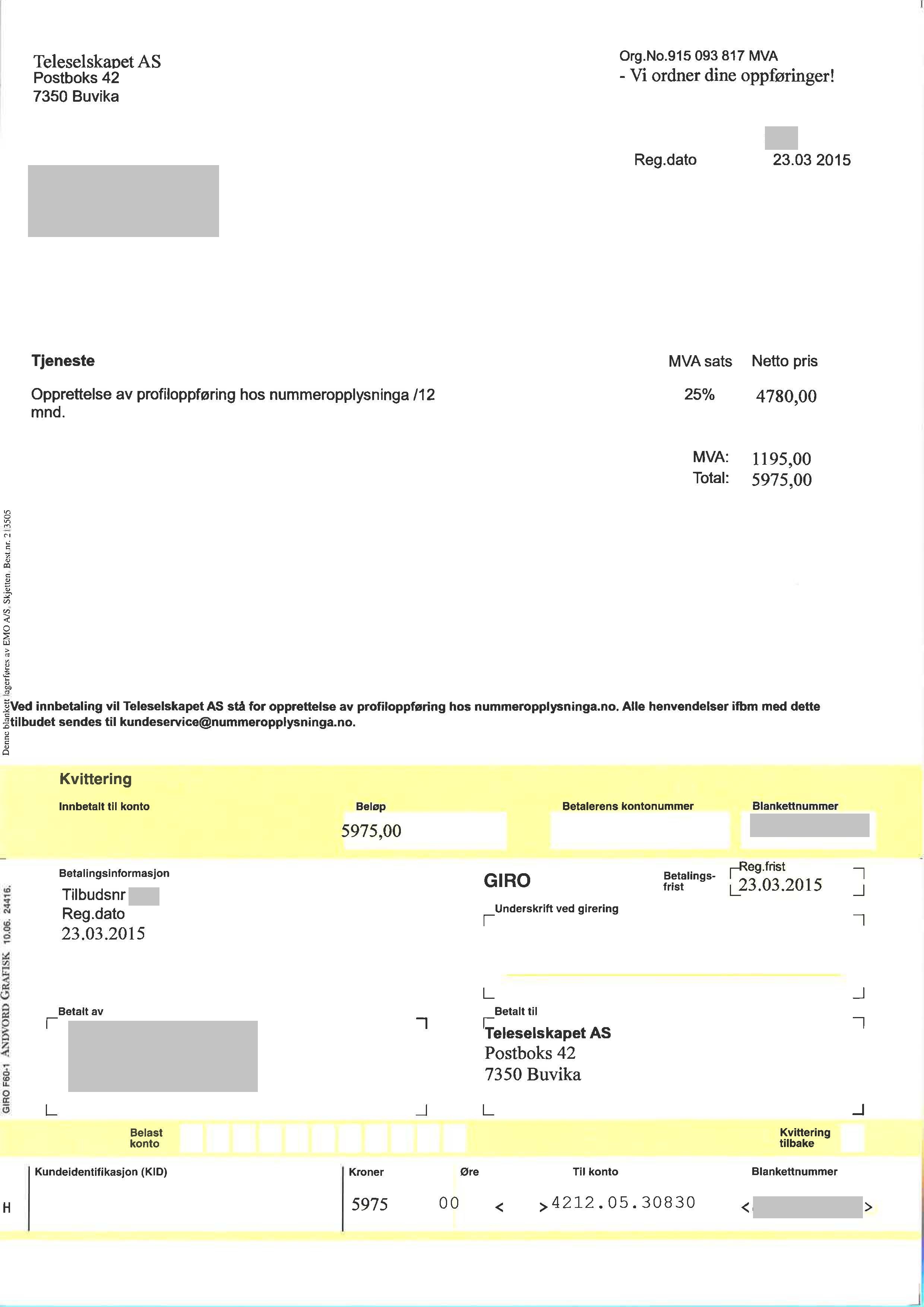 Teleselskapet / Nummeropplysninga.no sender for tiden ut "tilbud" som kan forveksles med en reel faktura